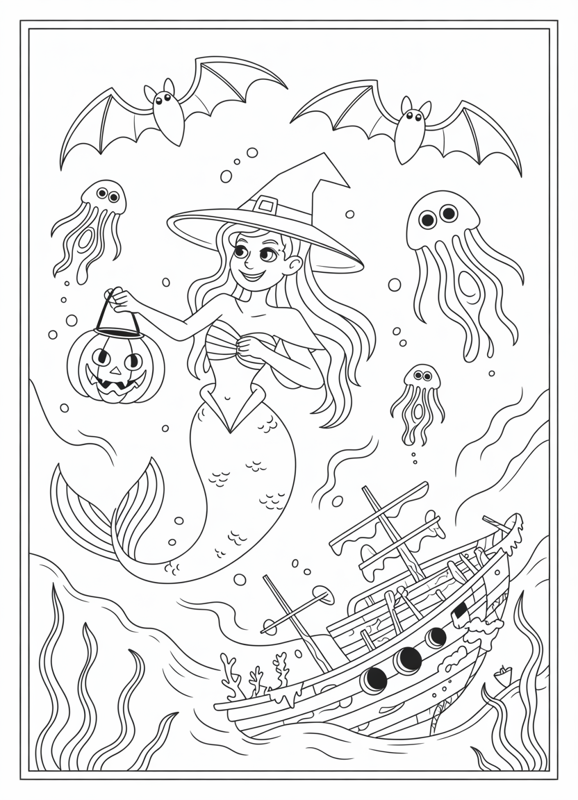 Mermaid coloring pages with a Halloween mermaid holding a pumpkin lantern