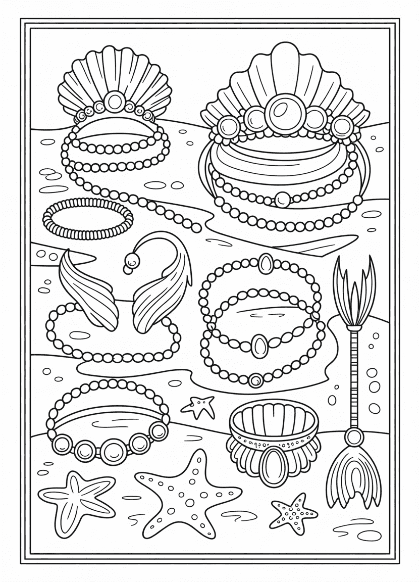 Mermaid coloring pages with a collection of mermaid accessories like crowns and jewelry