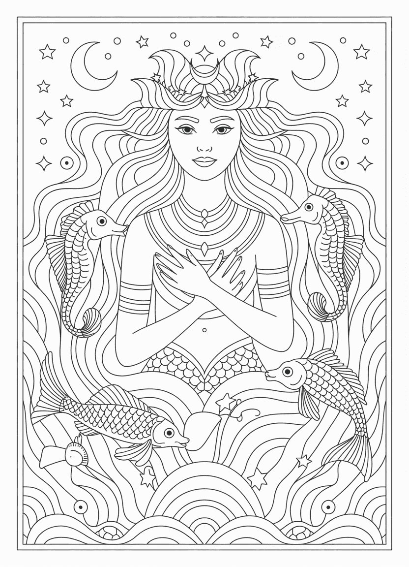 Mermaid coloring pages with a fantasy mermaid goddess and celestial ocean elements