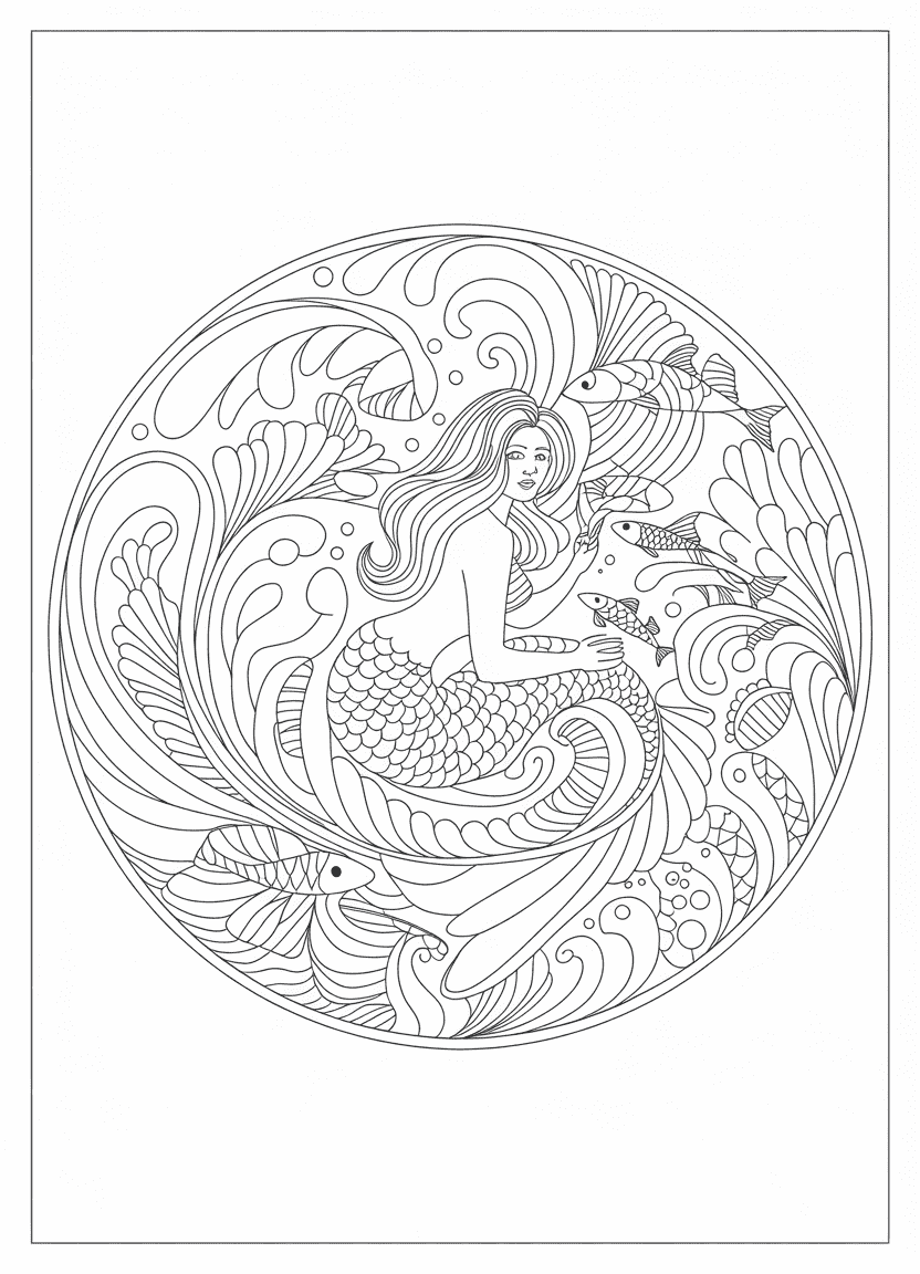 Mermaid coloring pages with a mandala-style mermaid surrounded by fish and waves