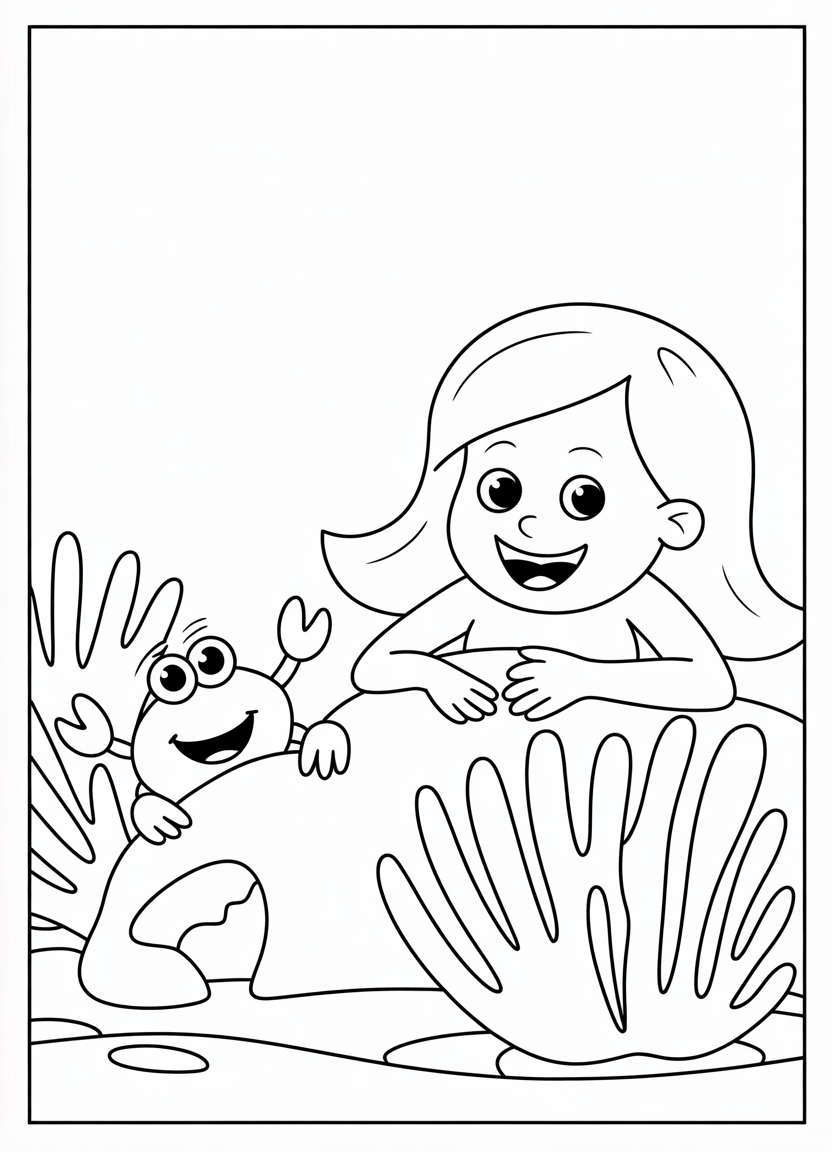 Mermaid coloring pages with a mermaid and crab playing peekaboo