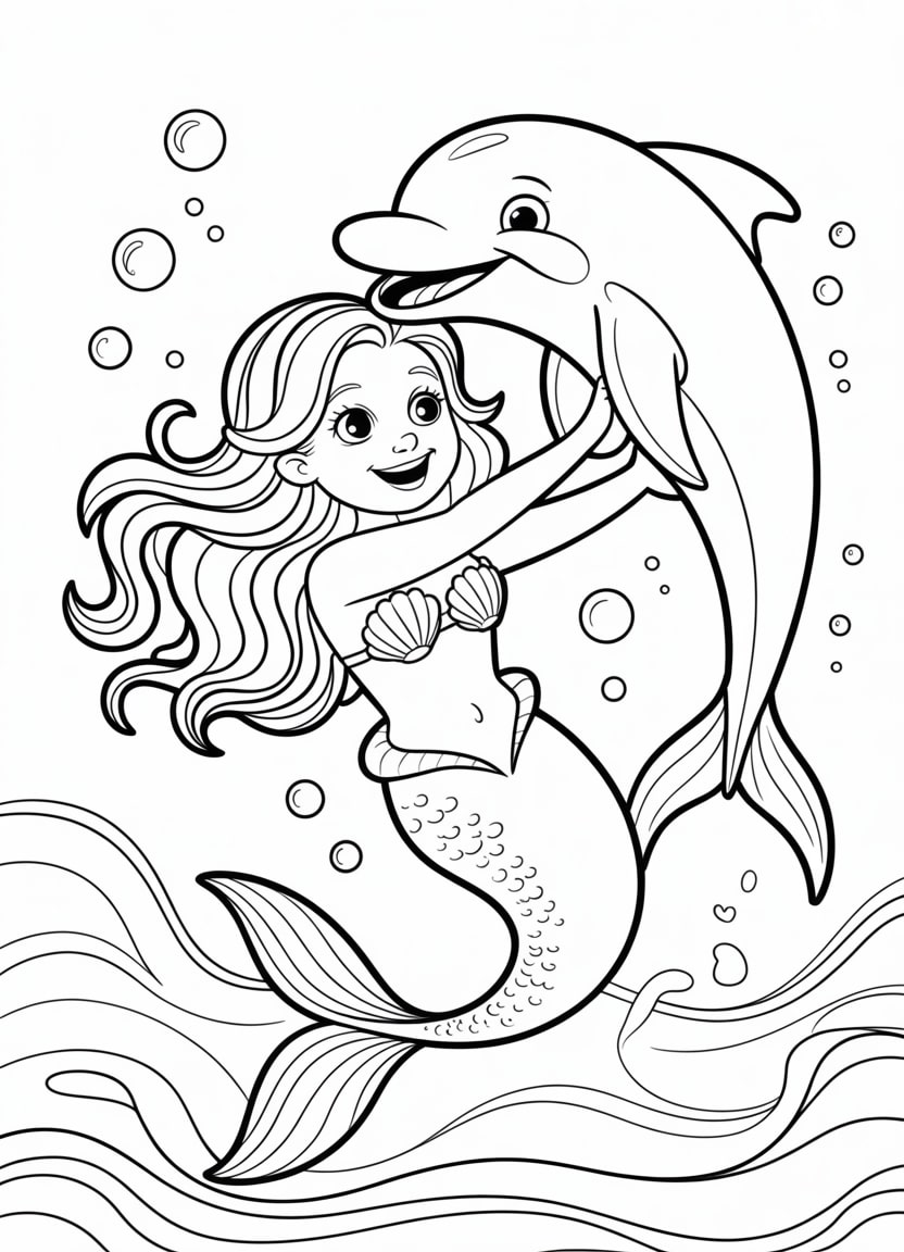 Mermaid coloring pages with a mermaid hugging a smiling dolphin