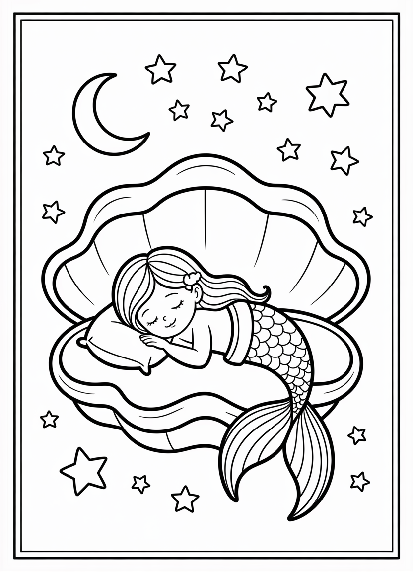 Mermaid coloring pages with a sleepy mermaid on a shell bed
