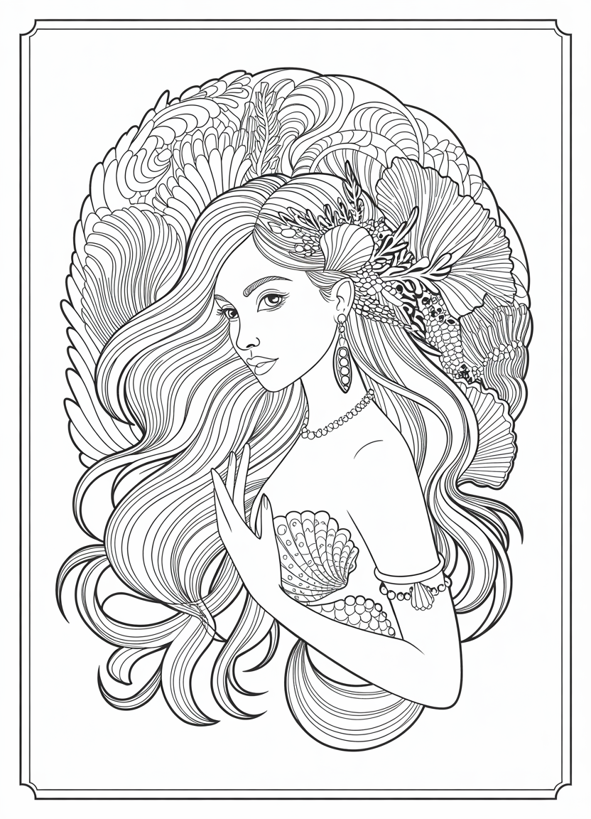 Mermaid coloring pages with an elegant mermaid and mandala background for adults