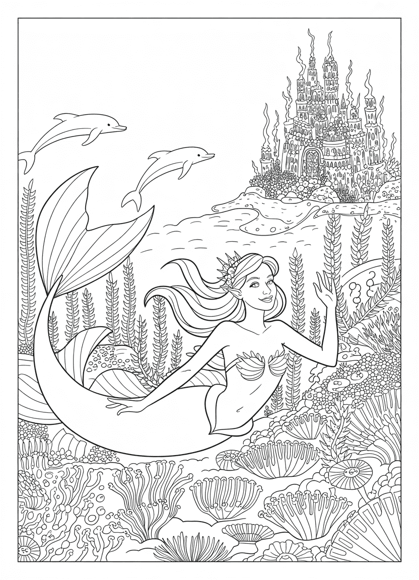 Mermaid princess swimming near ocean plants with a castle in the background