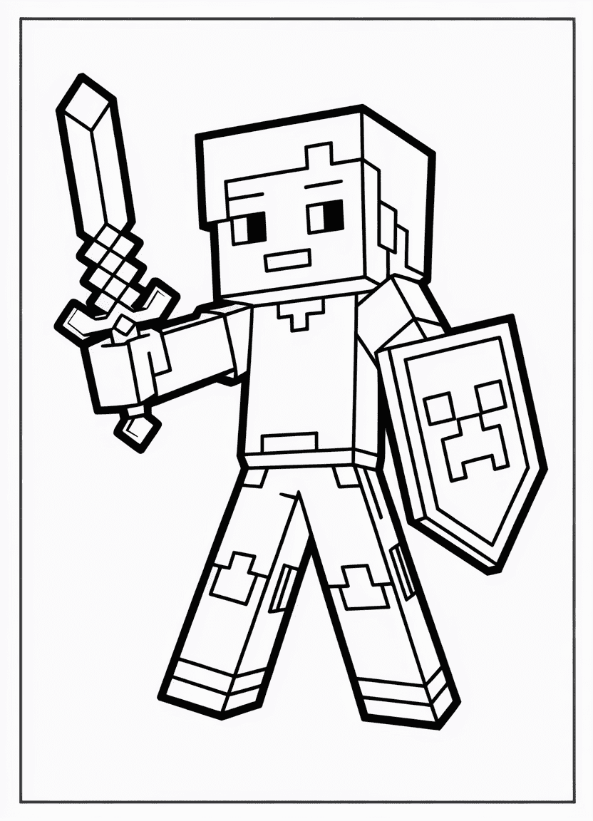 Minecraft Alex with a sword and shield coloring page