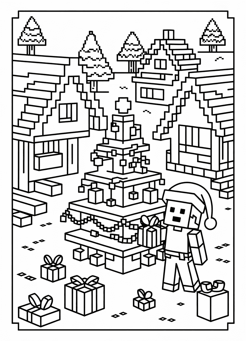 Minecraft Christmas village coloring page