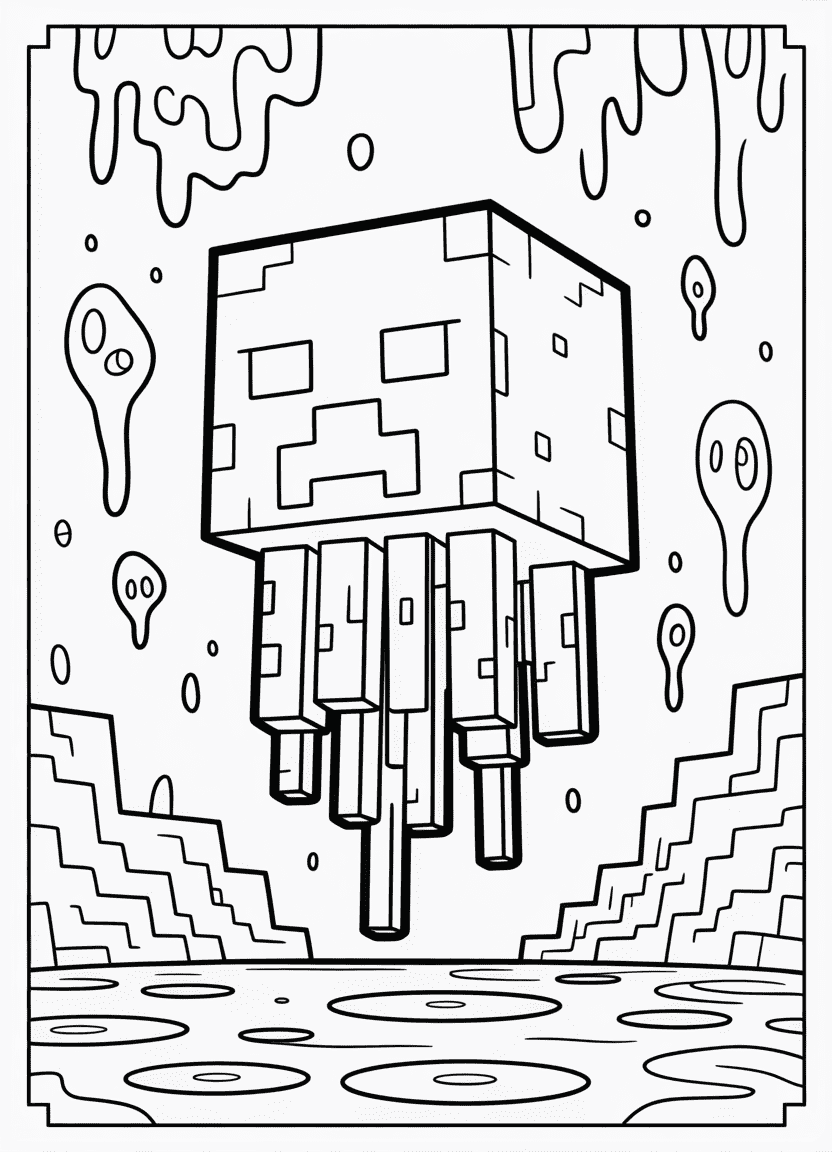 Minecraft Ghast coloring page with floating sad-faced creature