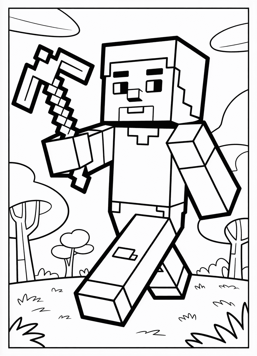 Minecraft Steve holding a pickaxe in a coloring page outline