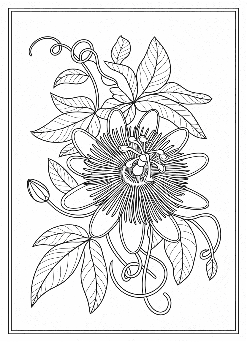 Passion flower coloring page with curling vines
