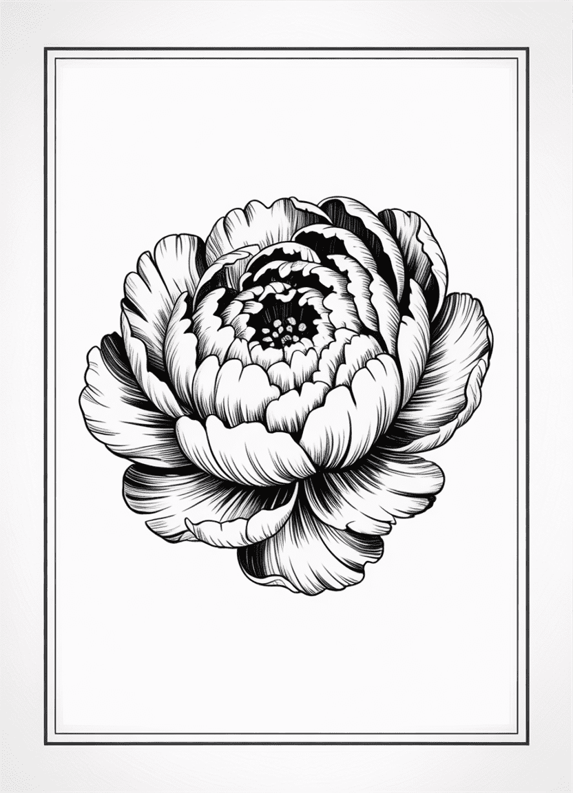 Peony bloom coloring sheet with intricate petal detail
