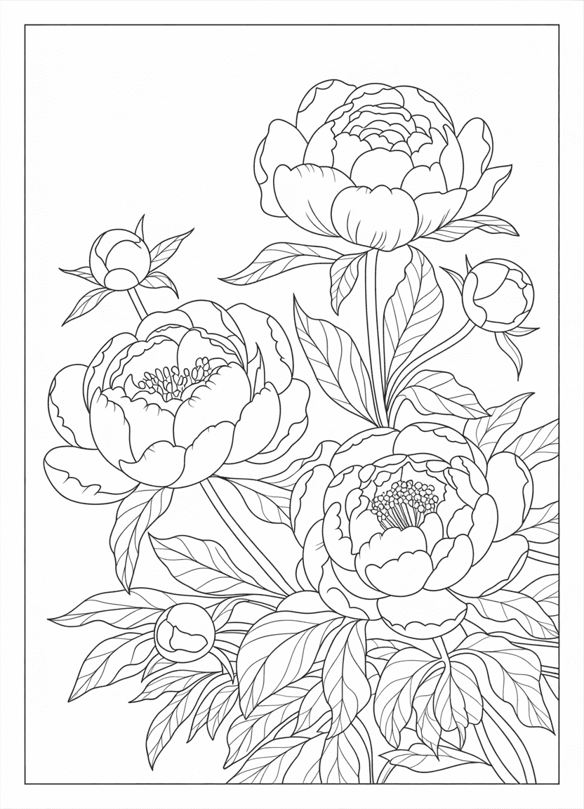 Peony garden coloring page with buds and leaves