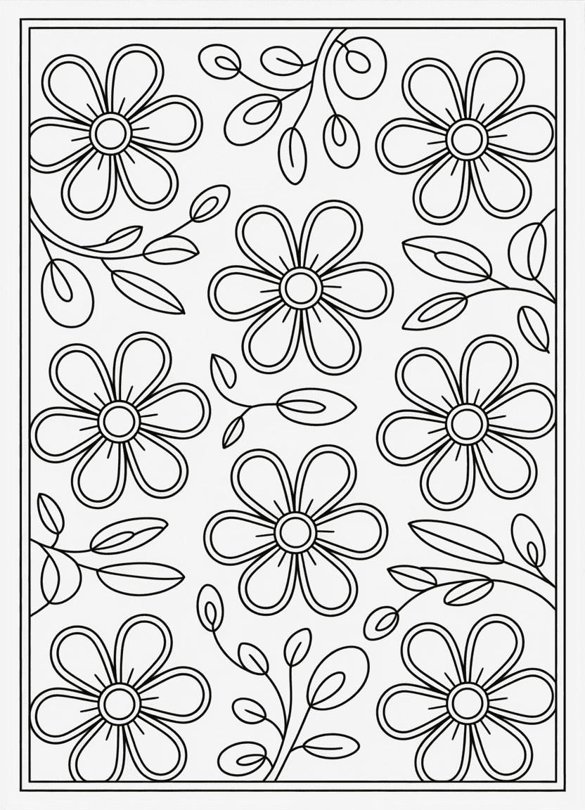 Preschool flower pattern coloring sheet with five-petal blooms