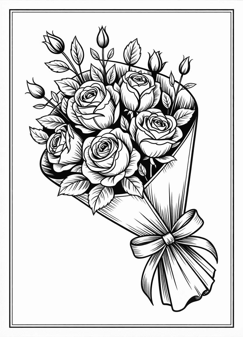 Rose bouquet coloring page with wrapped paper and multiple blooms