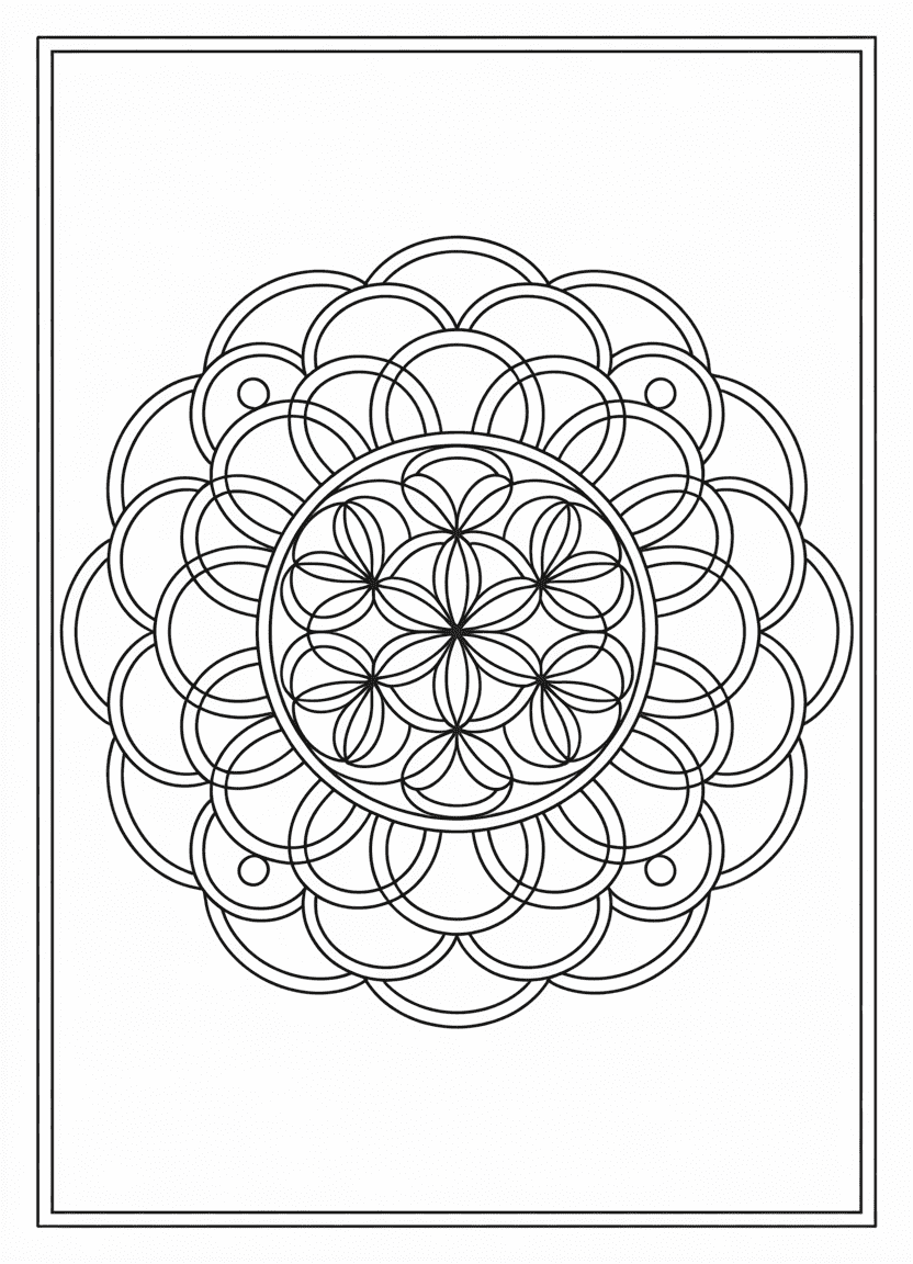 Sacred geometry flower mandala coloring page with layered lotus and seed-of-life motifs