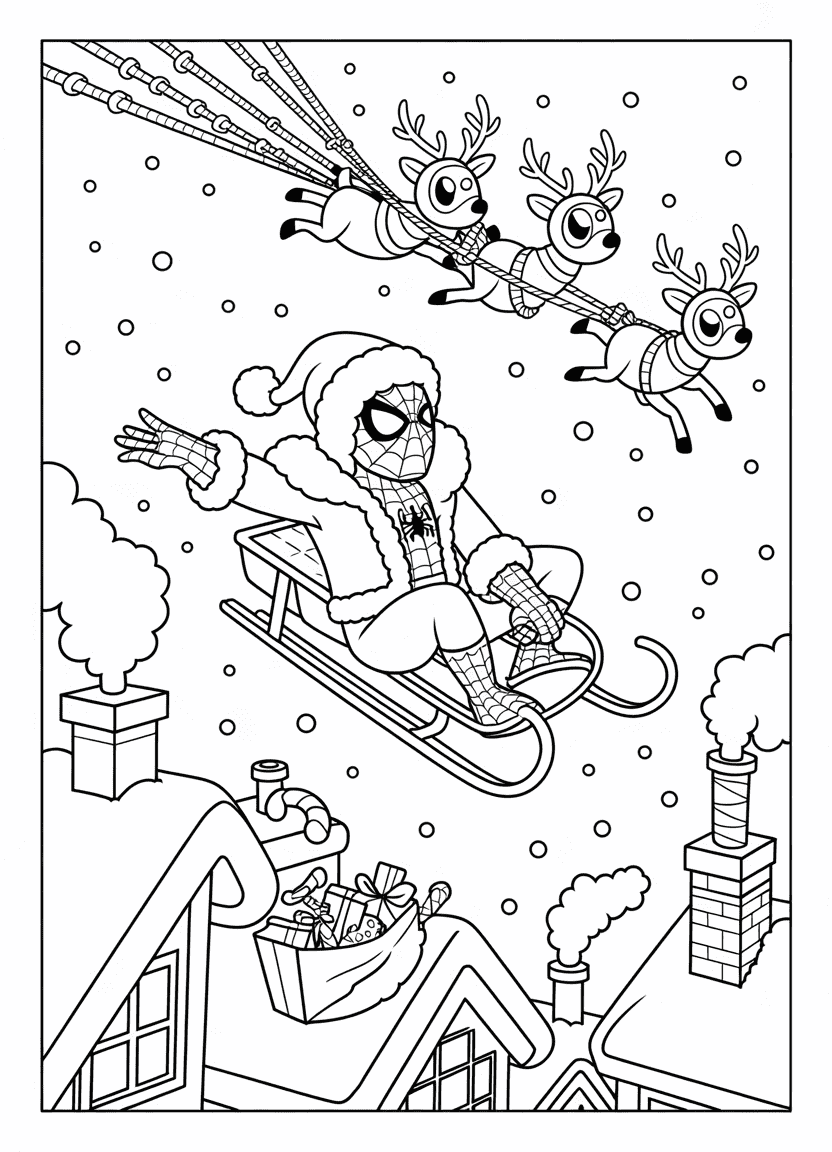 Santa Spider-Man riding web-sled