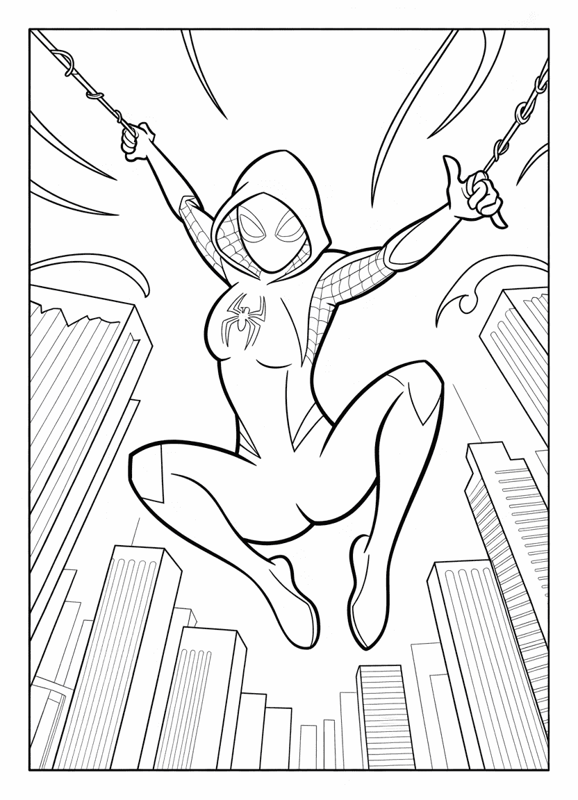 Spider-Gwen swinging between buildings in graceful pose