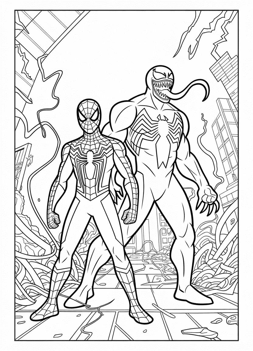Spider-Man and Venom standing back-to-back in action