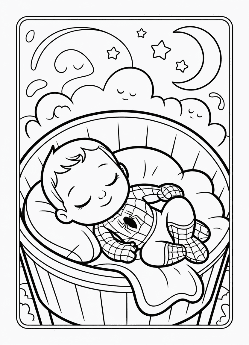 Spider-Man asleep in a crib with web blanket