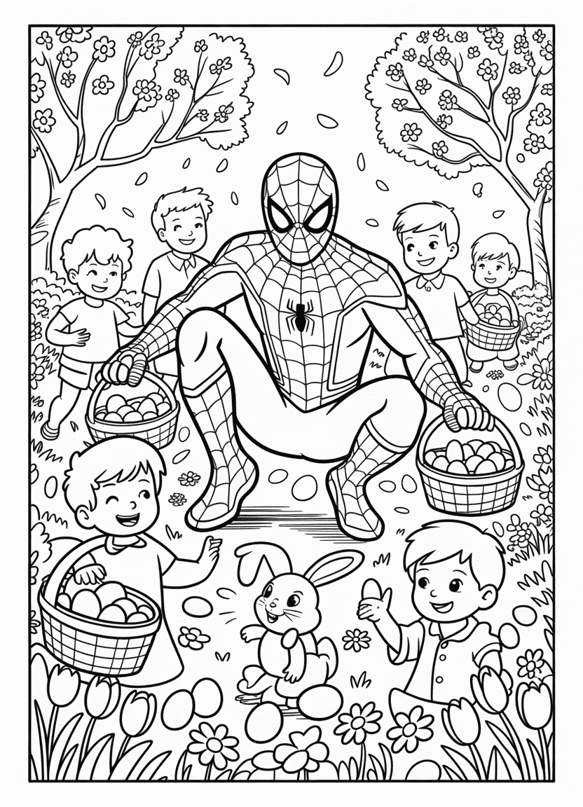 Spider-Man at Easter egg hunt with children
