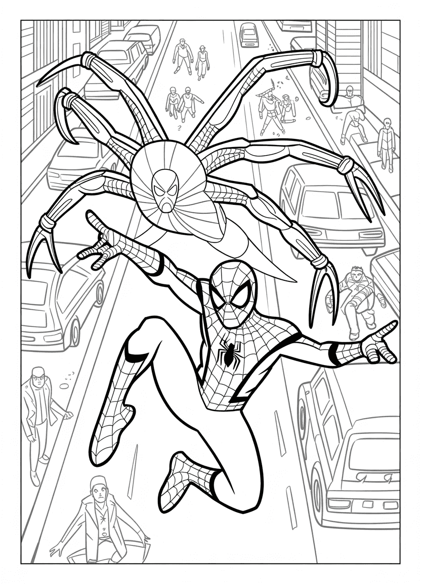 Spider-Man battling Doctor Octopus on city street