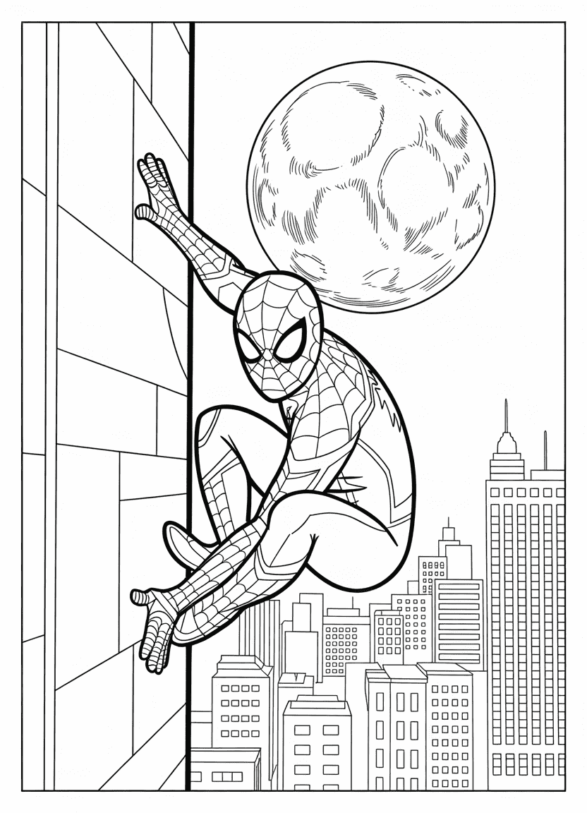 Spider-Man clinging to a wall at night with moonlight shadows