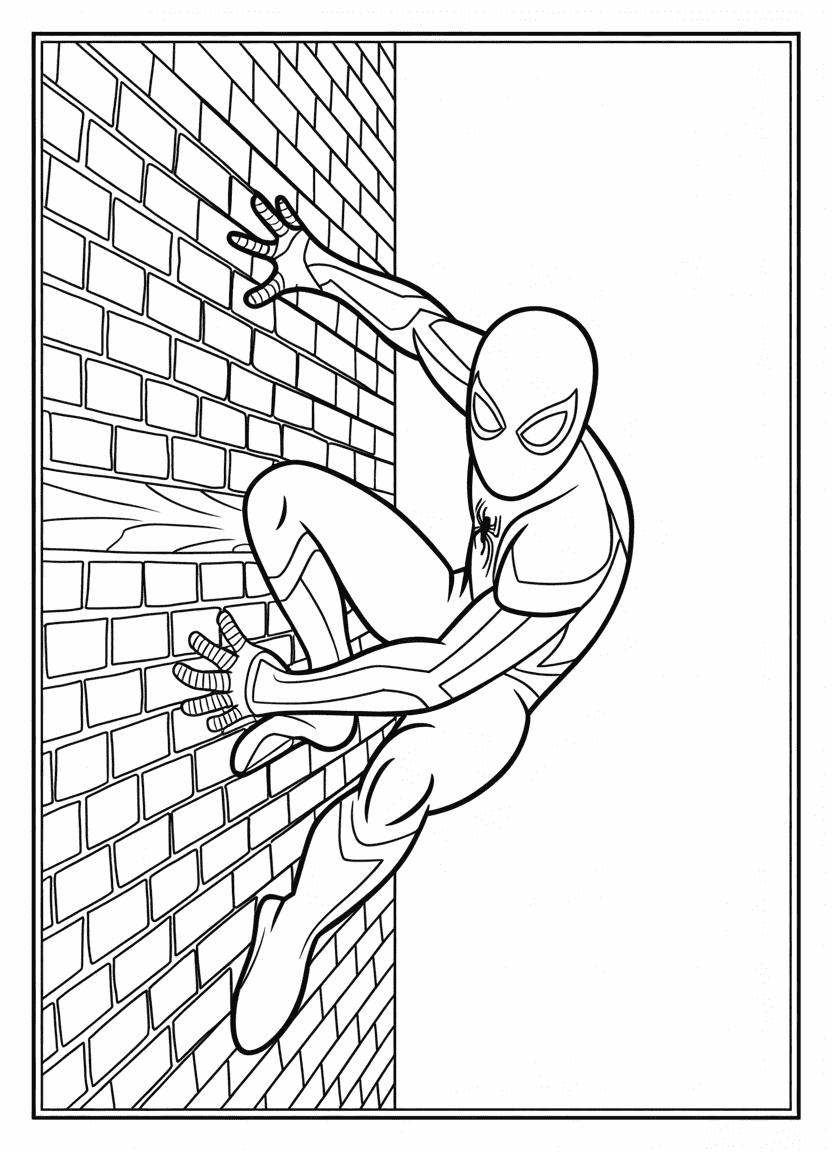 Spider-Man crawling up a brick wall in classic pose