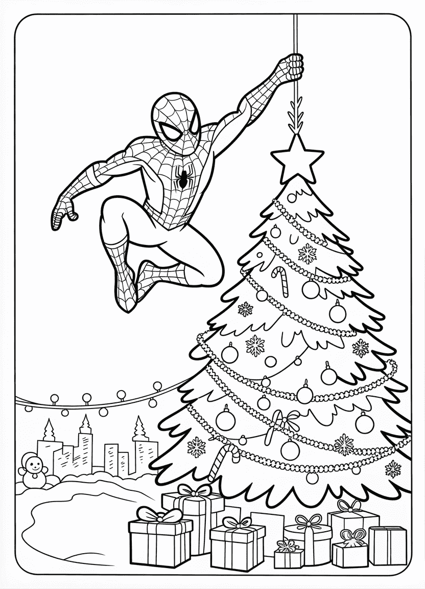 Spider-Man decorating Christmas tree