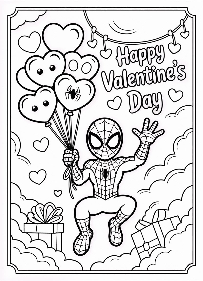 Spider-Man holding Valentine’s heart balloons