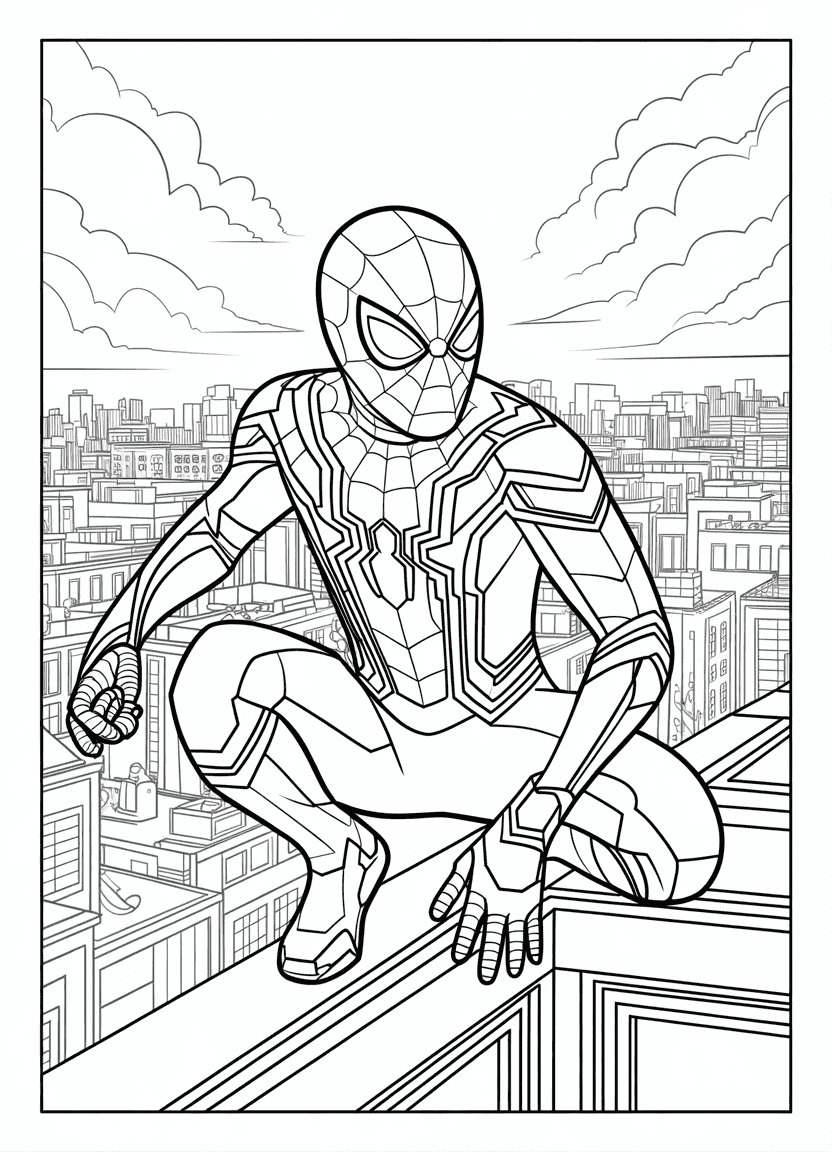 Spider-Man in Homecoming suit crouched on a rooftop