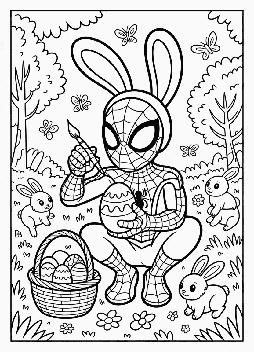 Spider-Man in bunny ears hiding Easter eggs