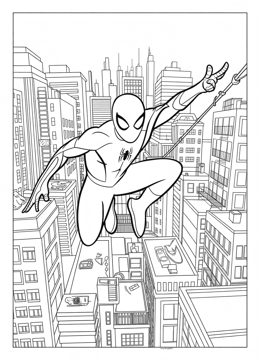 Spider-Man leaping off a rooftop with a web in hand