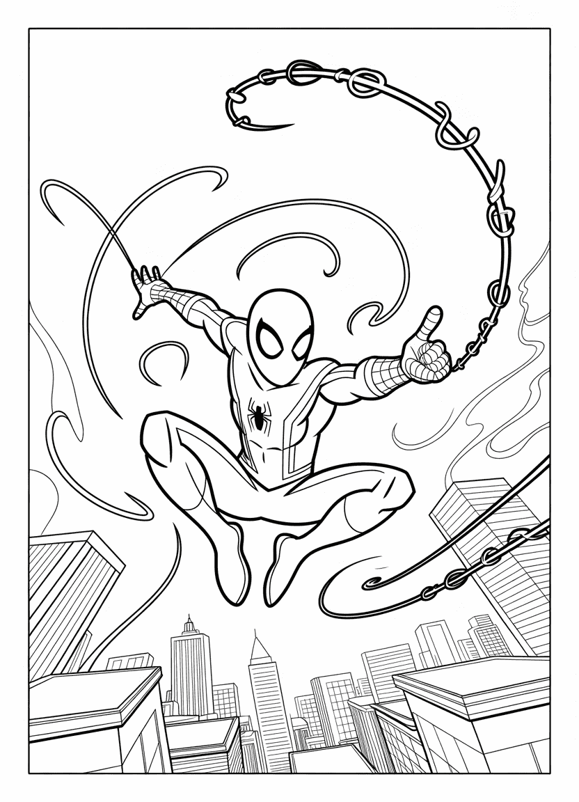 Spider-Man shooting webs from both hands in mid-air