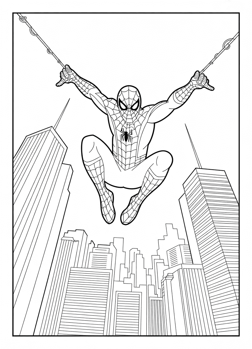 Spider-Man swinging between buildings at sunset, with cityscape behind
