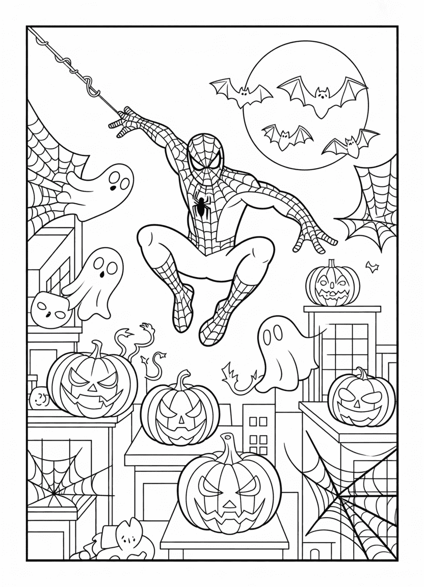Spider-Man swinging past jack-o’-lanterns and ghosts