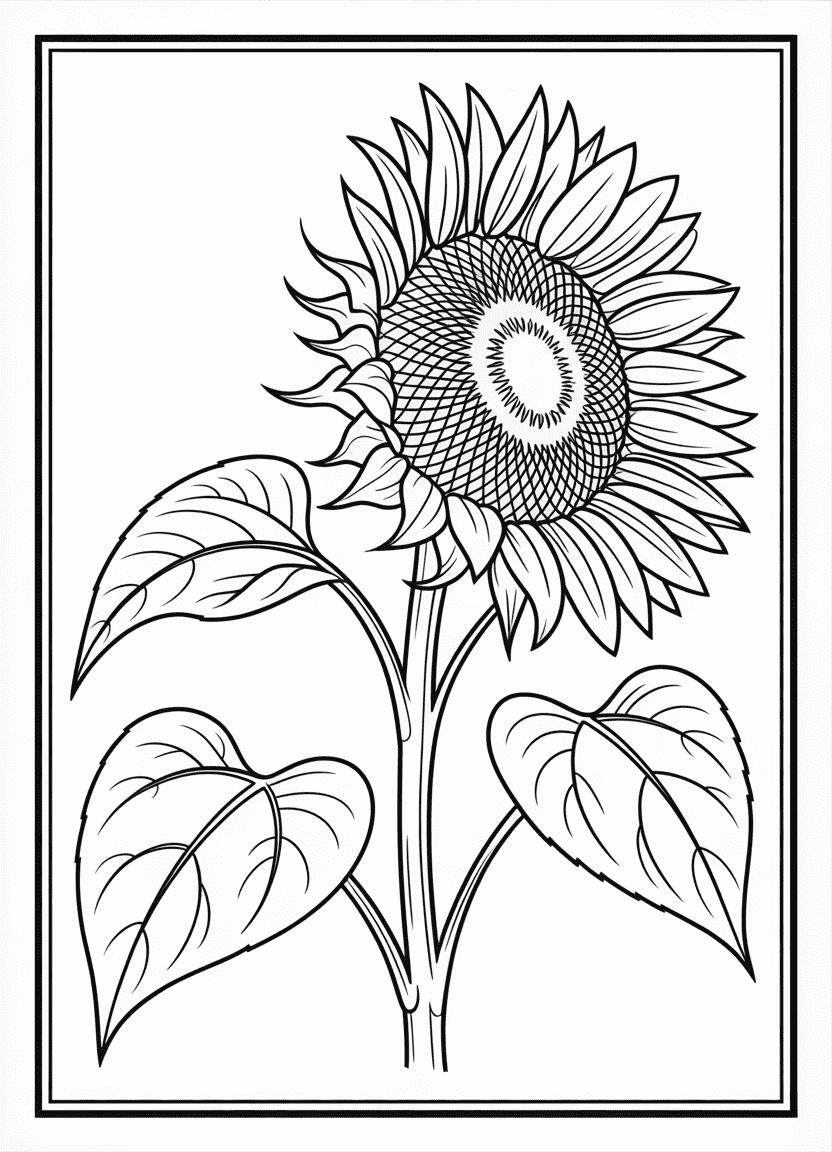 Sunflower botanical coloring sheet showing flower and seed structure