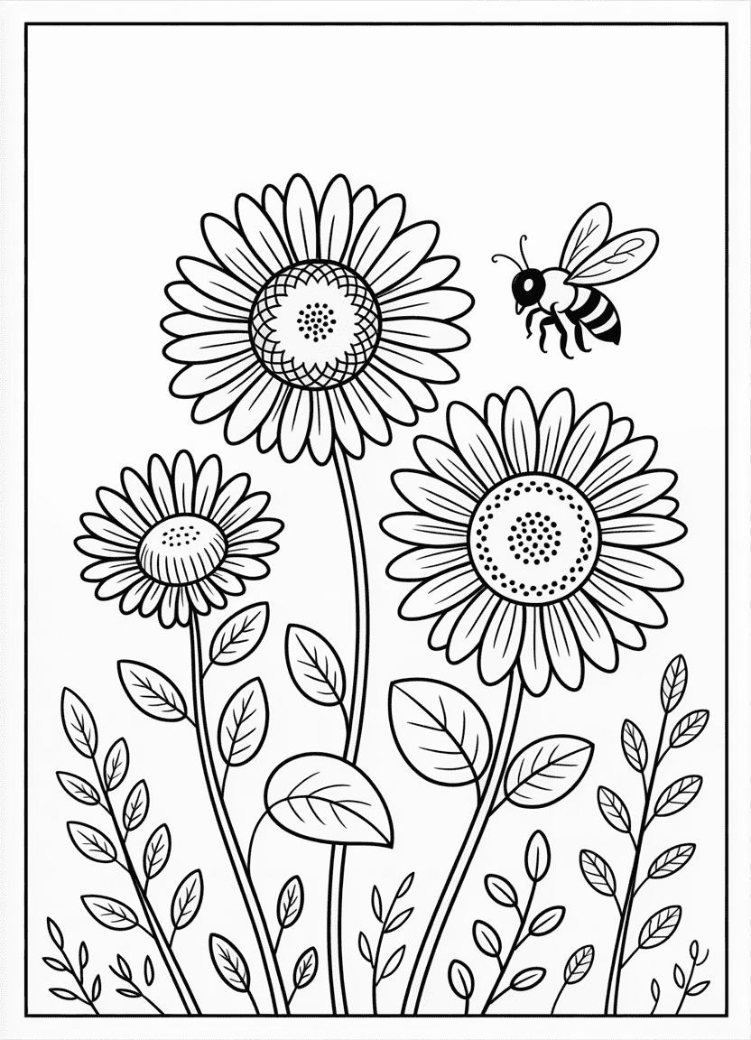 Sunflowers with bee garden coloring page