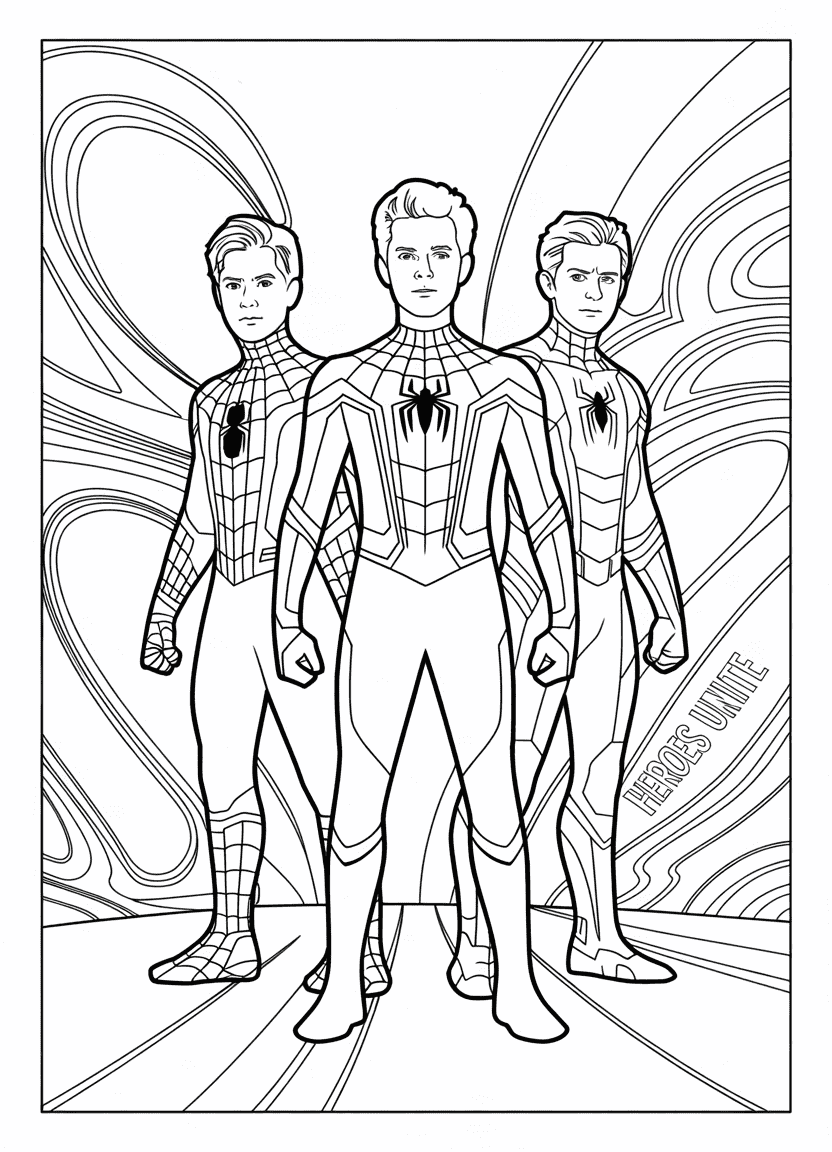 Tobey, Andrew, and Tom as Spider-Men standing together