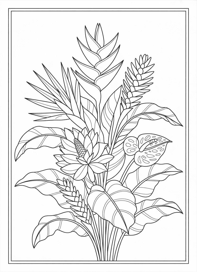 Tropical bouquet coloring page with heliconia, ginger, and anthurium
