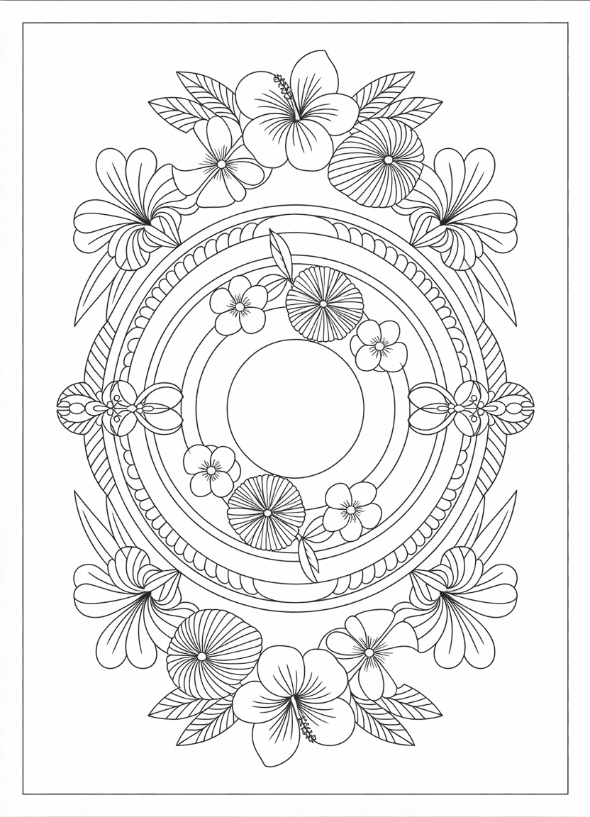 Tropical flower mandala coloring sheet with layered blooms