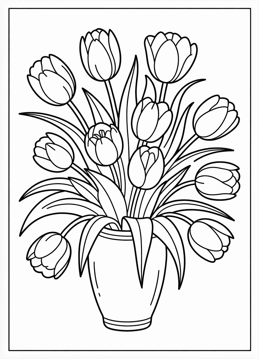 Tulip bouquet in a vase coloring page