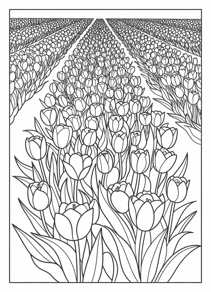 Tulip coloring page showing a wide field of tulips in bloom