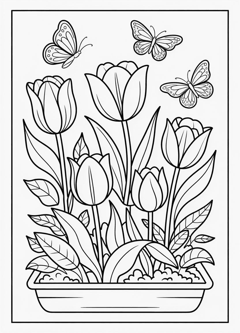 Tulip garden with butterflies coloring page