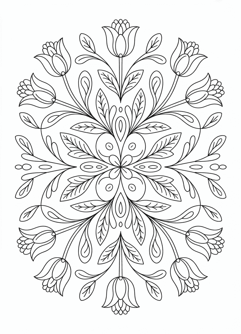 Tulip mandala coloring page with symmetrical floral design