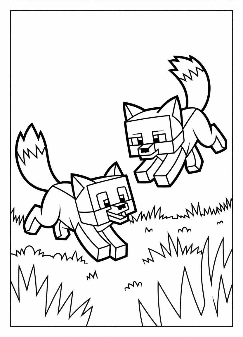 Two Minecraft Foxes sleeping coloring page