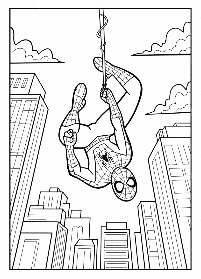 Upside-down Spider-Man swinging on a web