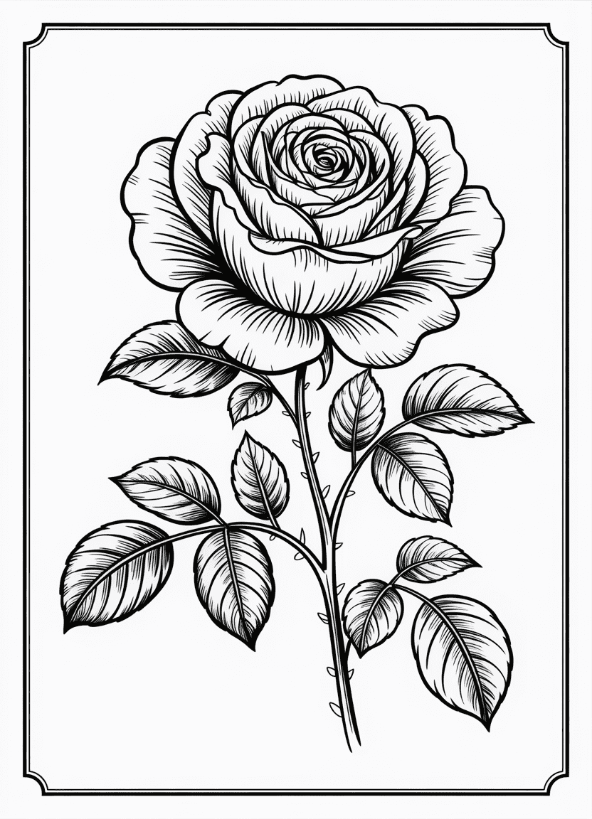 Vintage-style botanical rose coloring page with Latin name label