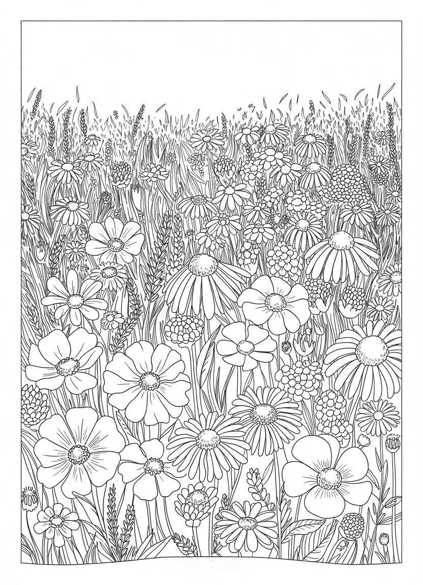 Wildflower botanical coloring sheet featuring multiple realistic flower species