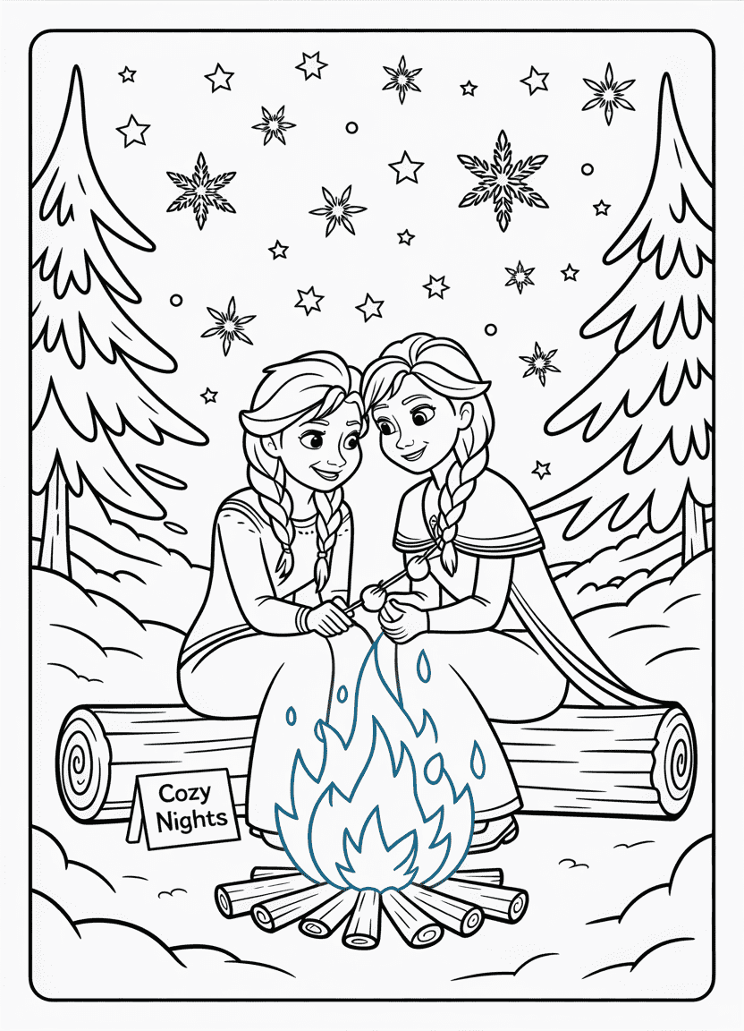 elsa coloring pages featuring Elsa and Anna roasting marshmallows by a glowing ice campfire at night