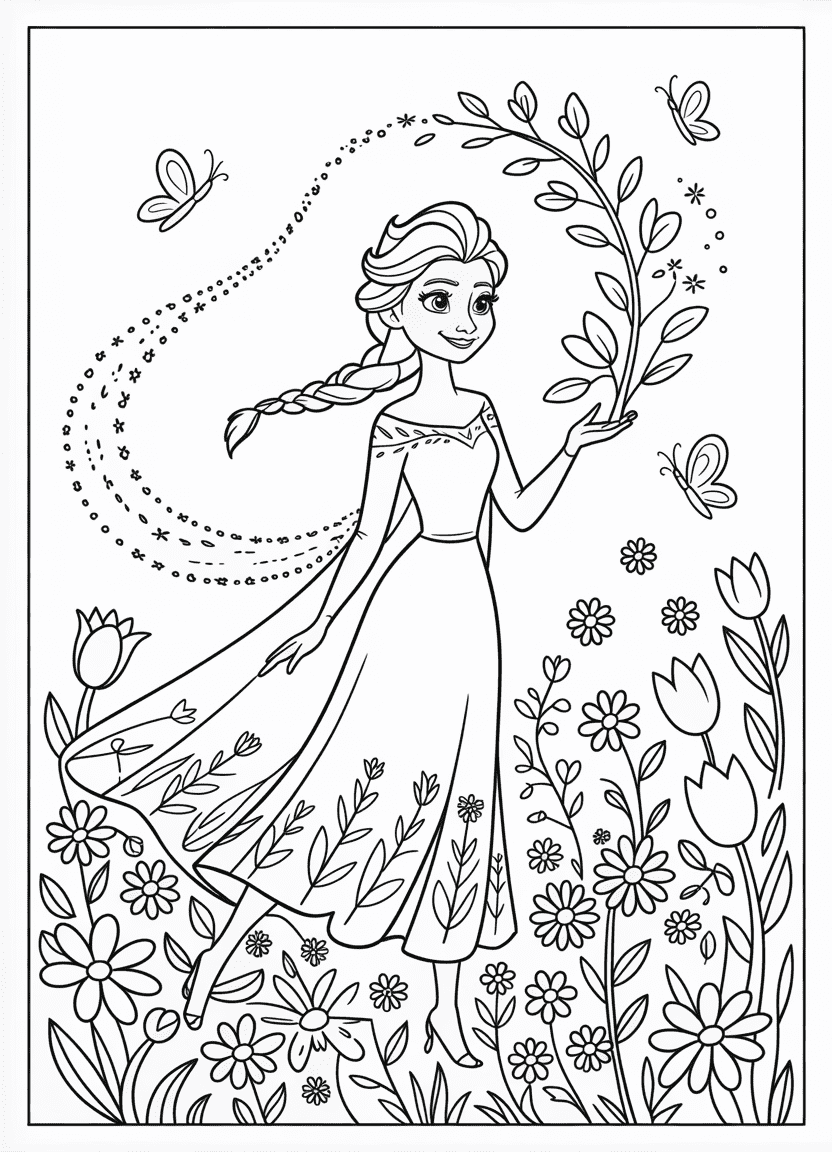 elsa coloring pages featuring Elsa surrounded by blooming spring flowers and butterflies